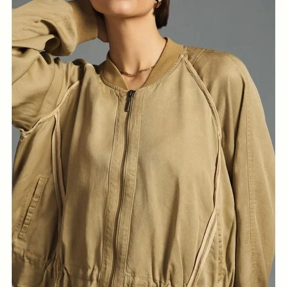 Anthropologie tan ruffled bomber jacket light sand XS - Picture 3 of 10